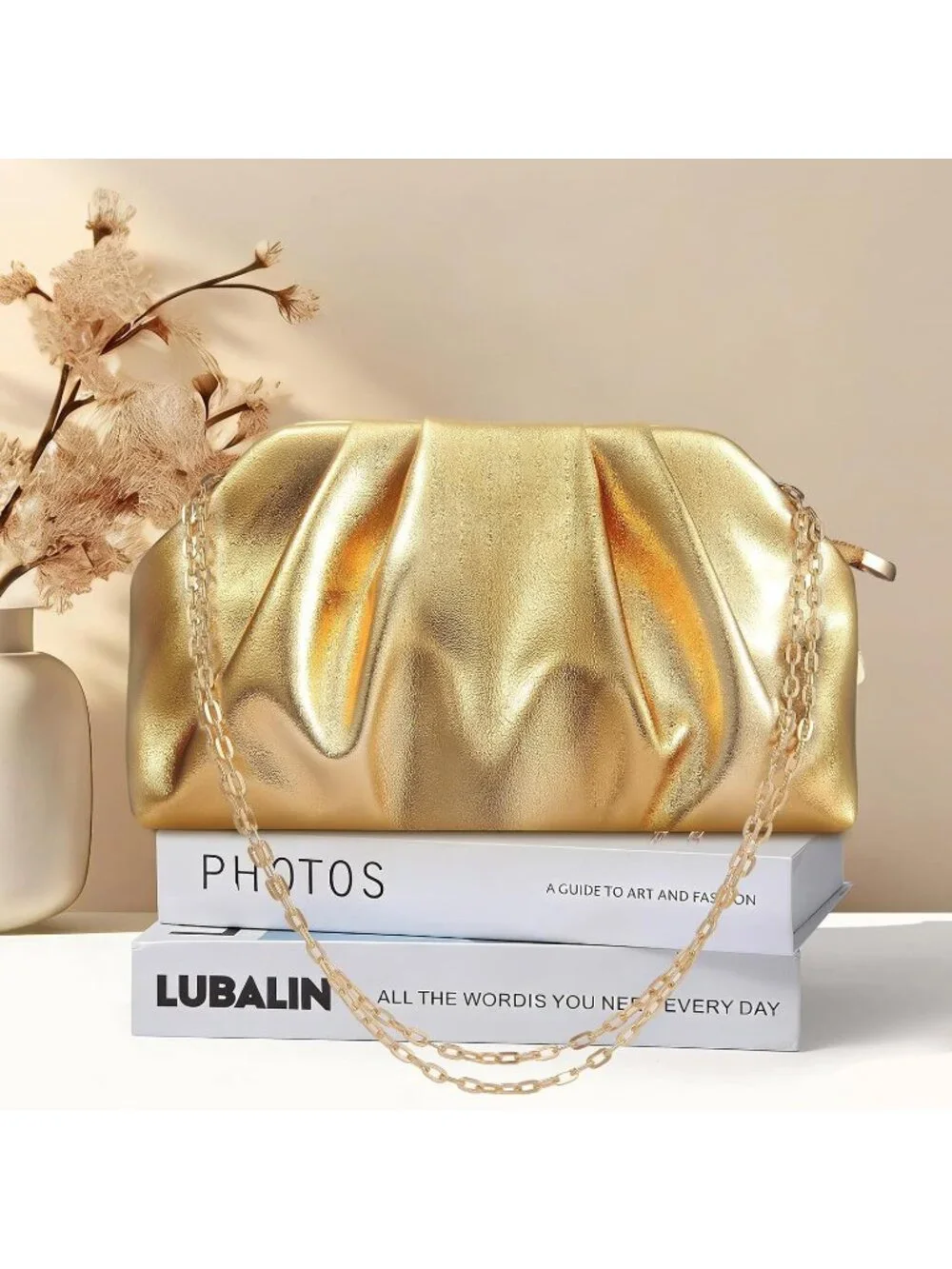 Women's Golden Soft Pleated Pu Clutch Purse Elegant Evening Wedding Bag